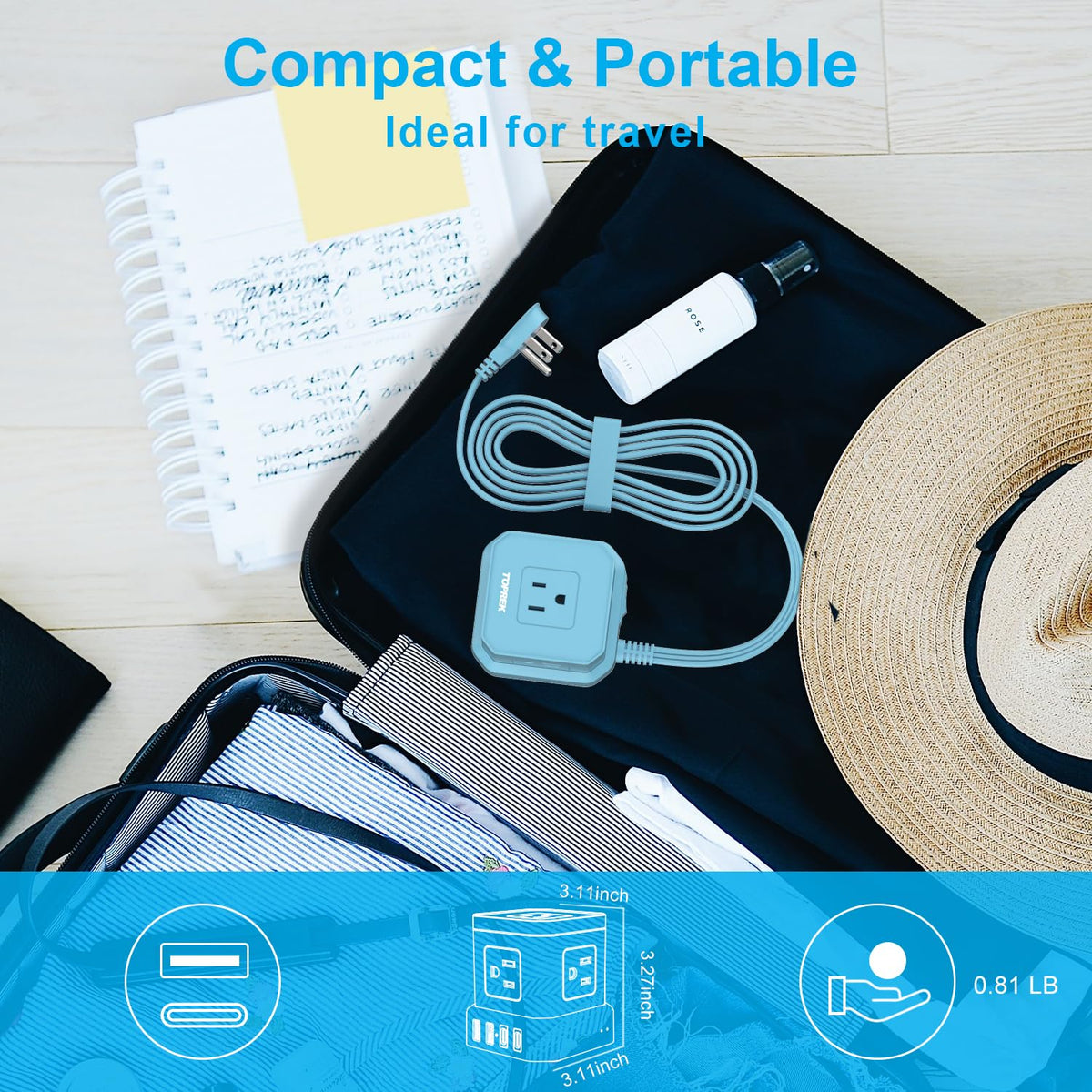 Toprek flat plug design fits behind furniture without blocking outlets.