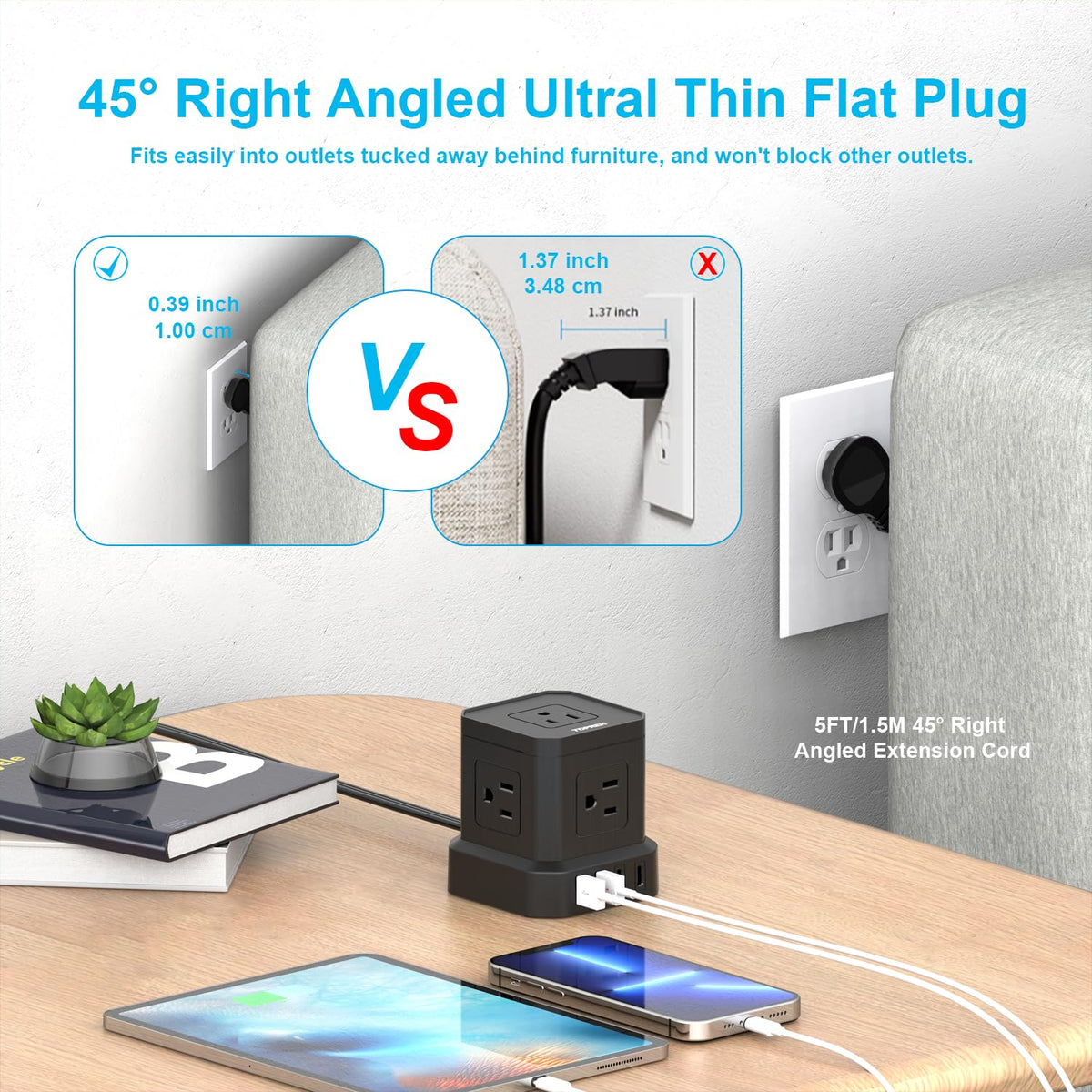 TOPREK flat plug and 5 ft cord fit behind furniture.
