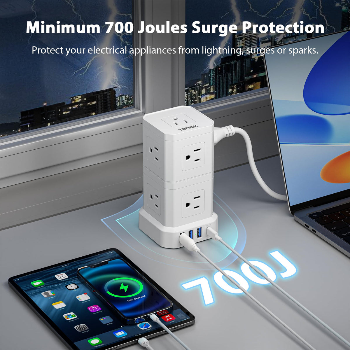 TOPREK flat plug and 6.5ft cord at 45° angle fits behind furniture easily