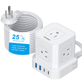 TOPREK cube power strip front view showing outlets and USB ports for organized power