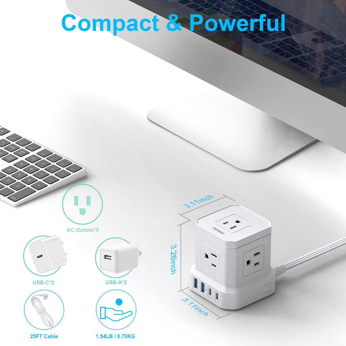 TOPREK power strip on desk powering monitor and laptop for tidy workspace