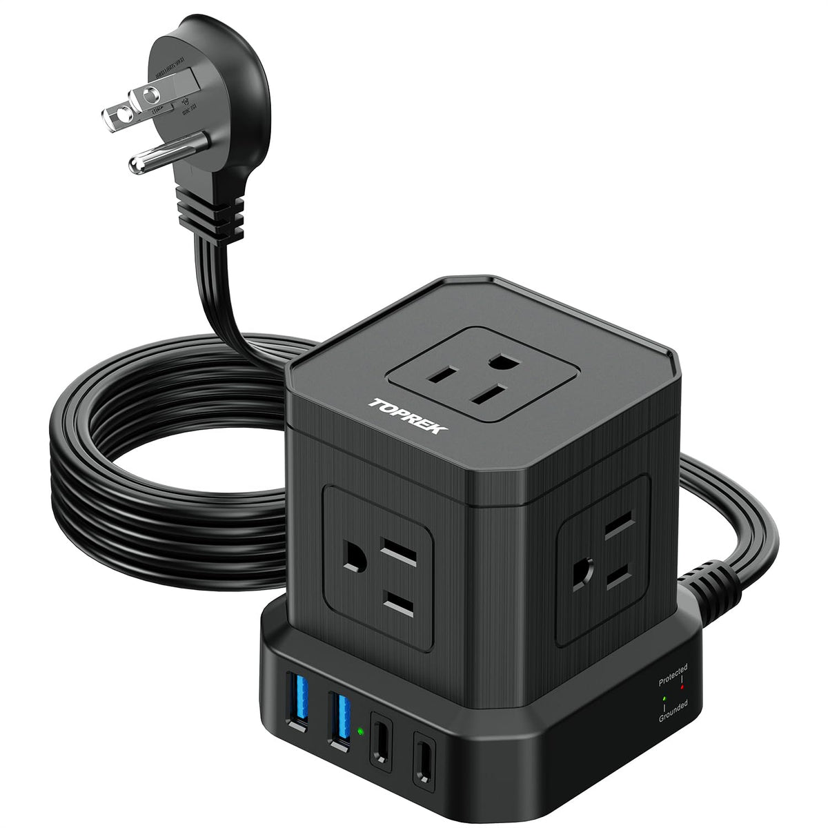 TOPREK power strip with five outlets keeps desk organized and cords tidy.