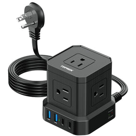 TOPREK power strip with five outlets keeps desk organized and cords tidy.