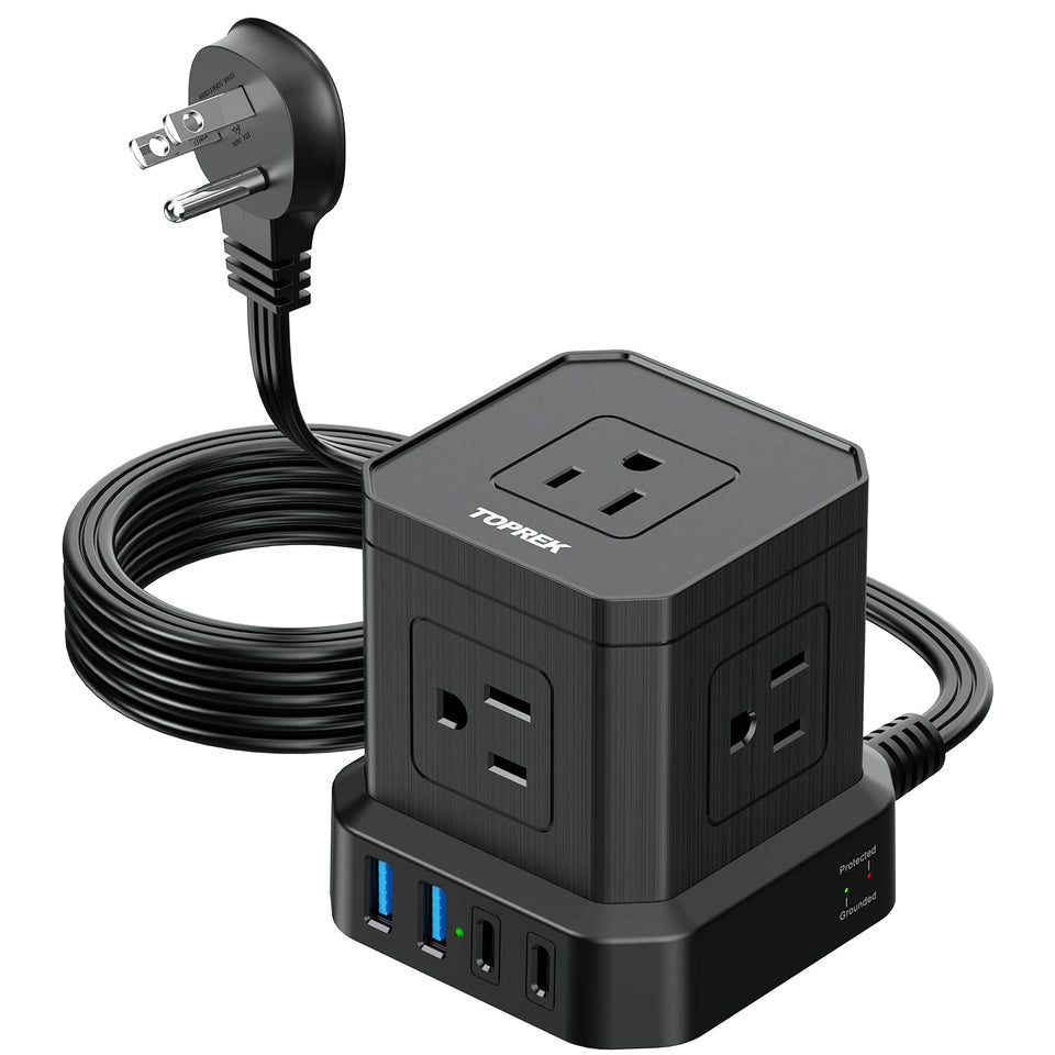 TOPREK power strip with five outlets keeps desk organized and cords tidy.