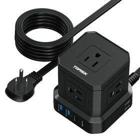 TOPREK Power Strip front view with 5 outlets and USB ports for organized charging