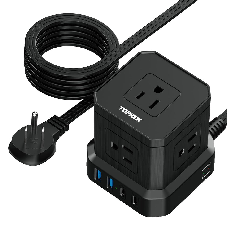 TOPREK Power Strip front view with 5 outlets and USB ports for organized charging
