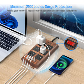 TOPREK power strip on a home office desk organizing devices and reducing clutter