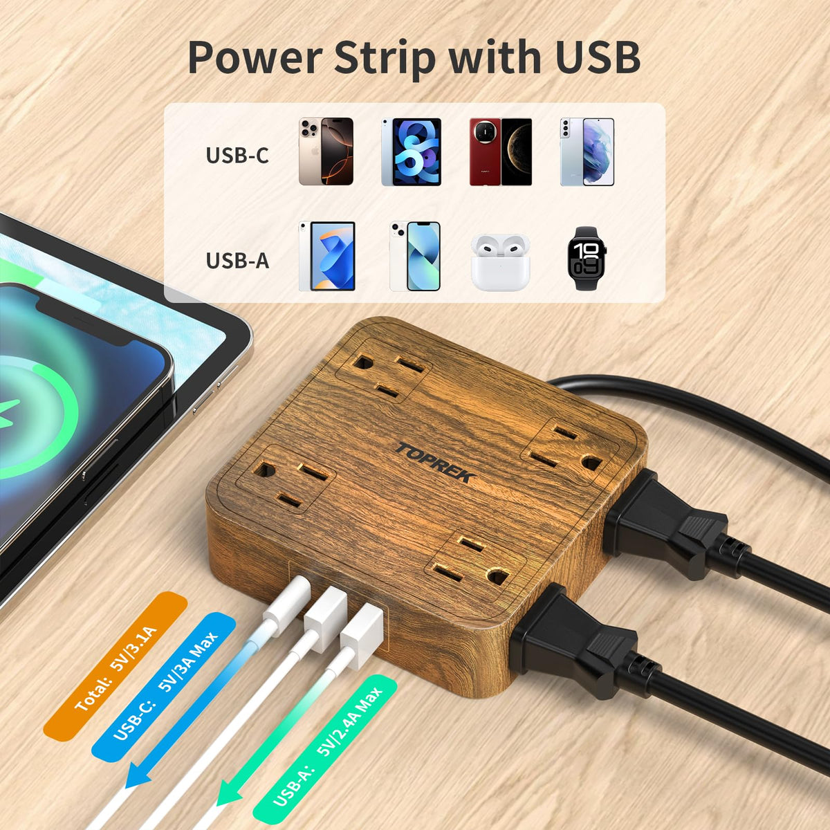 Toprek USB-A ports support multiple devices at once.