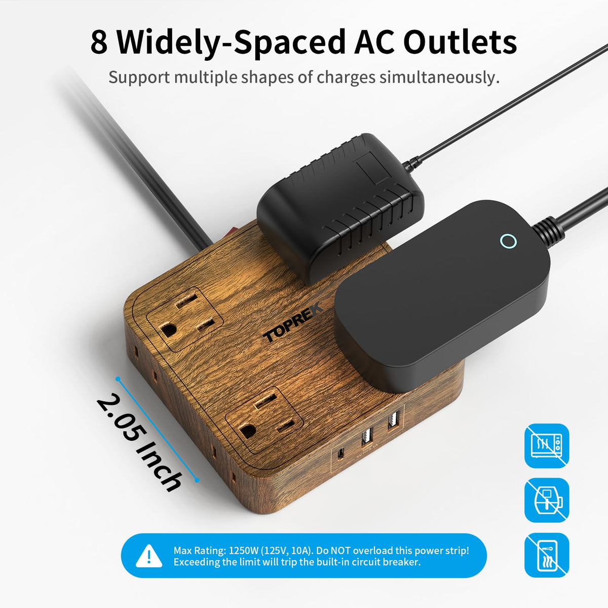Toprek USB-C port enables fast charging for smartphones and tablets.