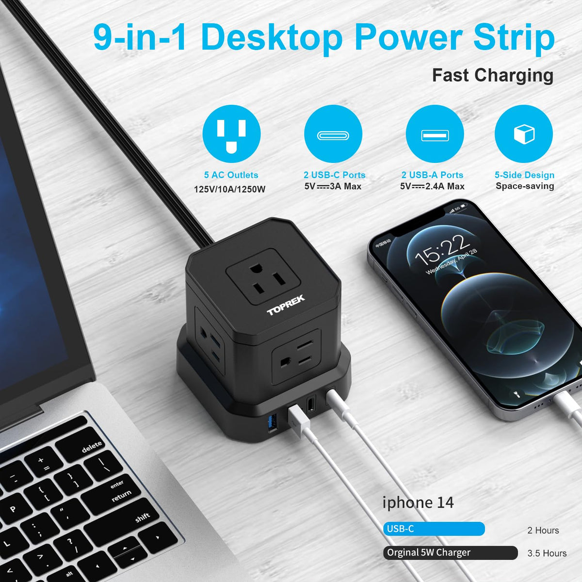 TOPREK USB-C ports deliver fast charging for two devices at once.