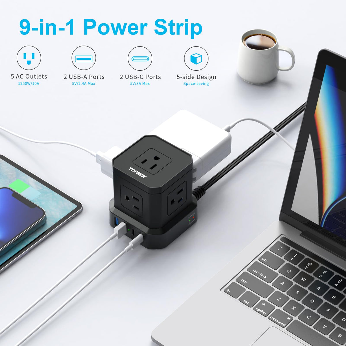 TOPREK power strip USB ports close-up highlighting smart charging for multiple devices