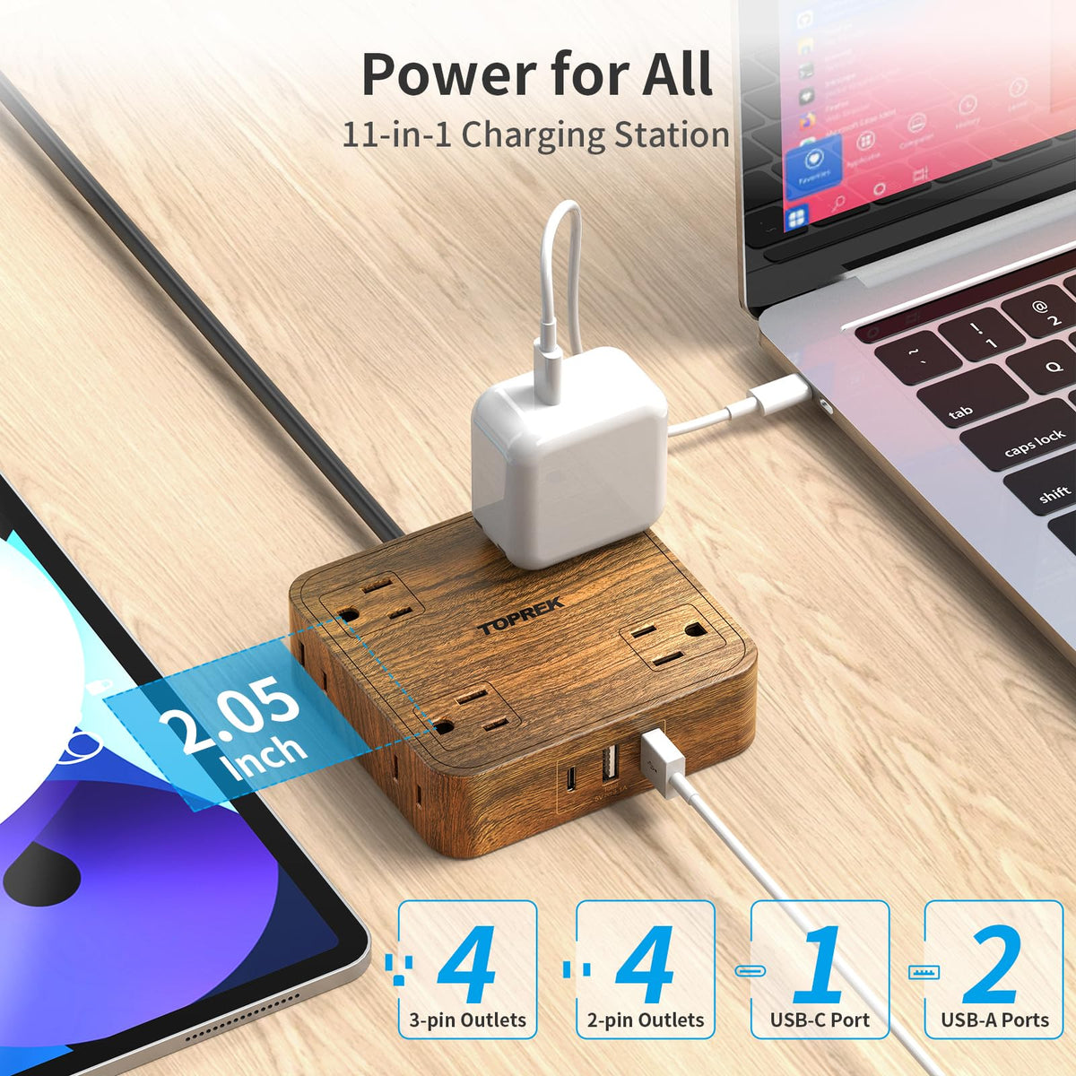 Toprek Power Strip with a wood finish adds subtle style to any desk.