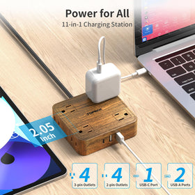 Toprek Power Strip with a wood finish adds subtle style to any desk.