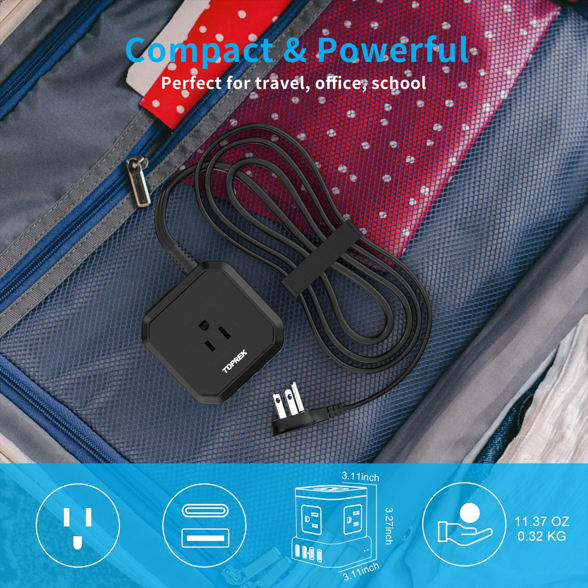 TOPREK eight-point safety system protects devices and cords.