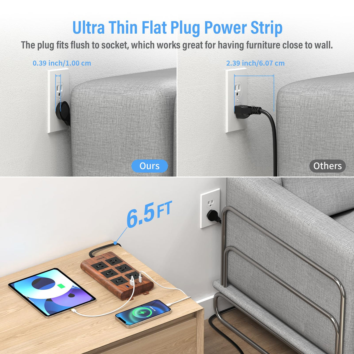 TOPREK size comparison with a smartphone showing outlet spacing and scale