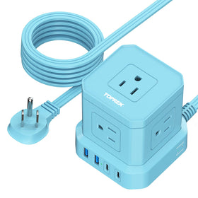Toprek surge protector with a 10ft flat cord powers multiple devices neatly.