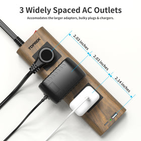 TOPREK three wide-spaced outlets accommodate bulky adapters side by side