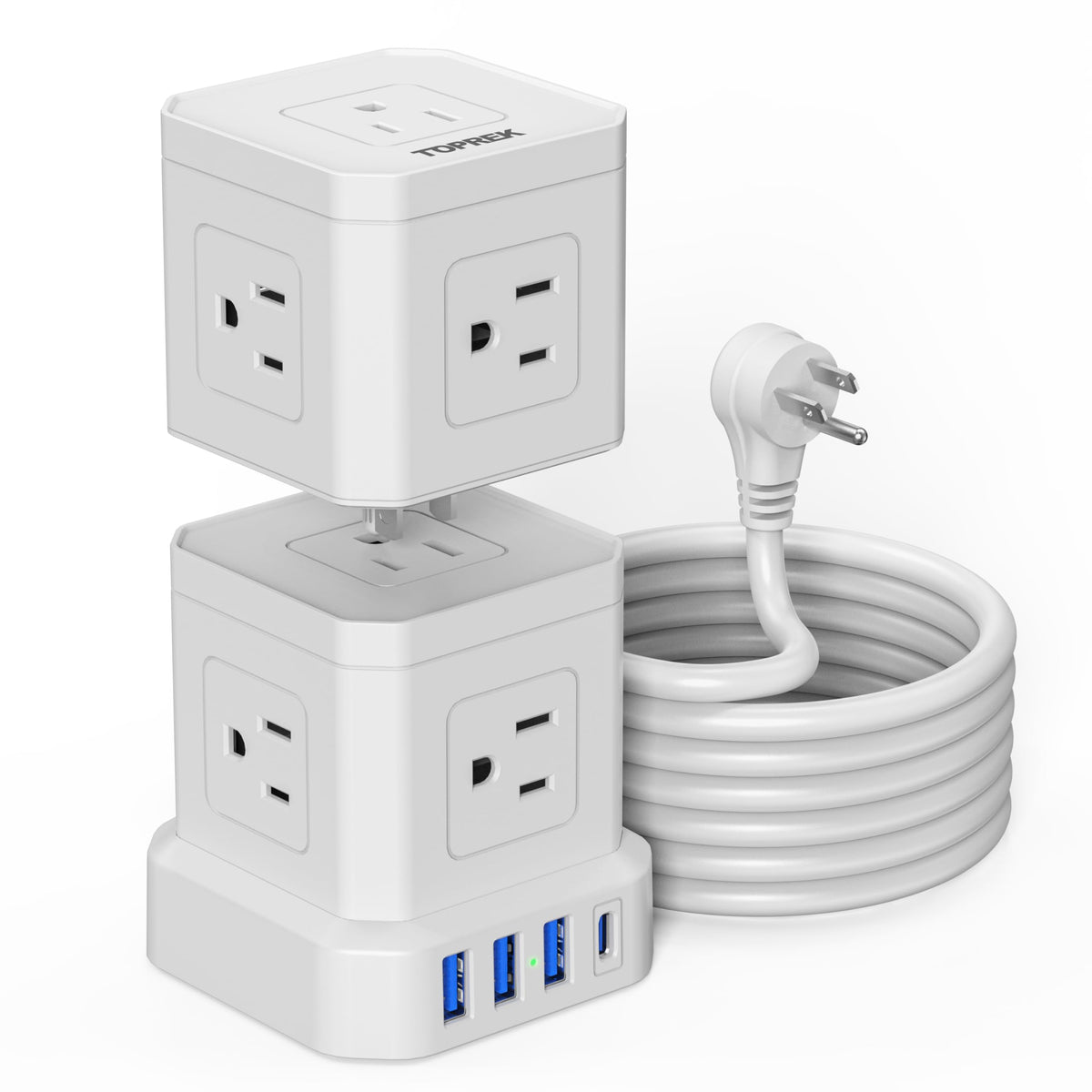 TOPREK tower front view showing nine outlets and USB ports for organized charging