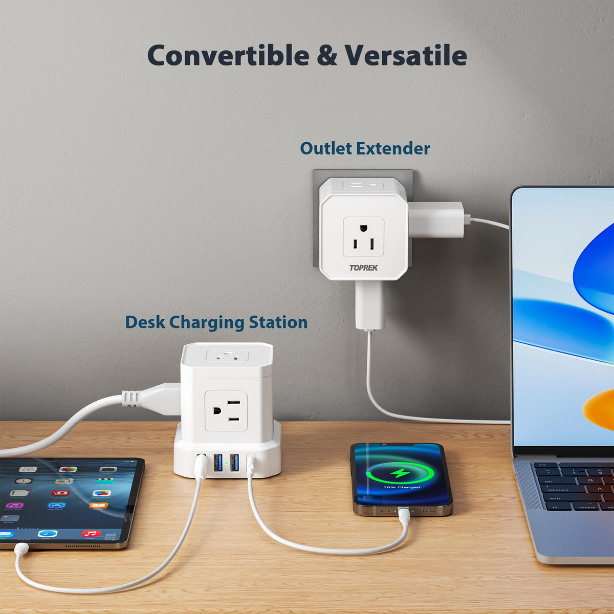 TOPREK close-up of widely spaced outlets allowing large adapters without blocking