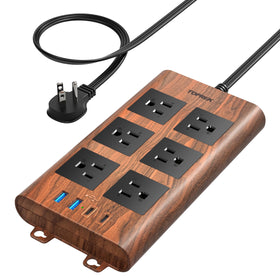 TOPREK wood finish front view showing outlets and sleek profile, stylish protection