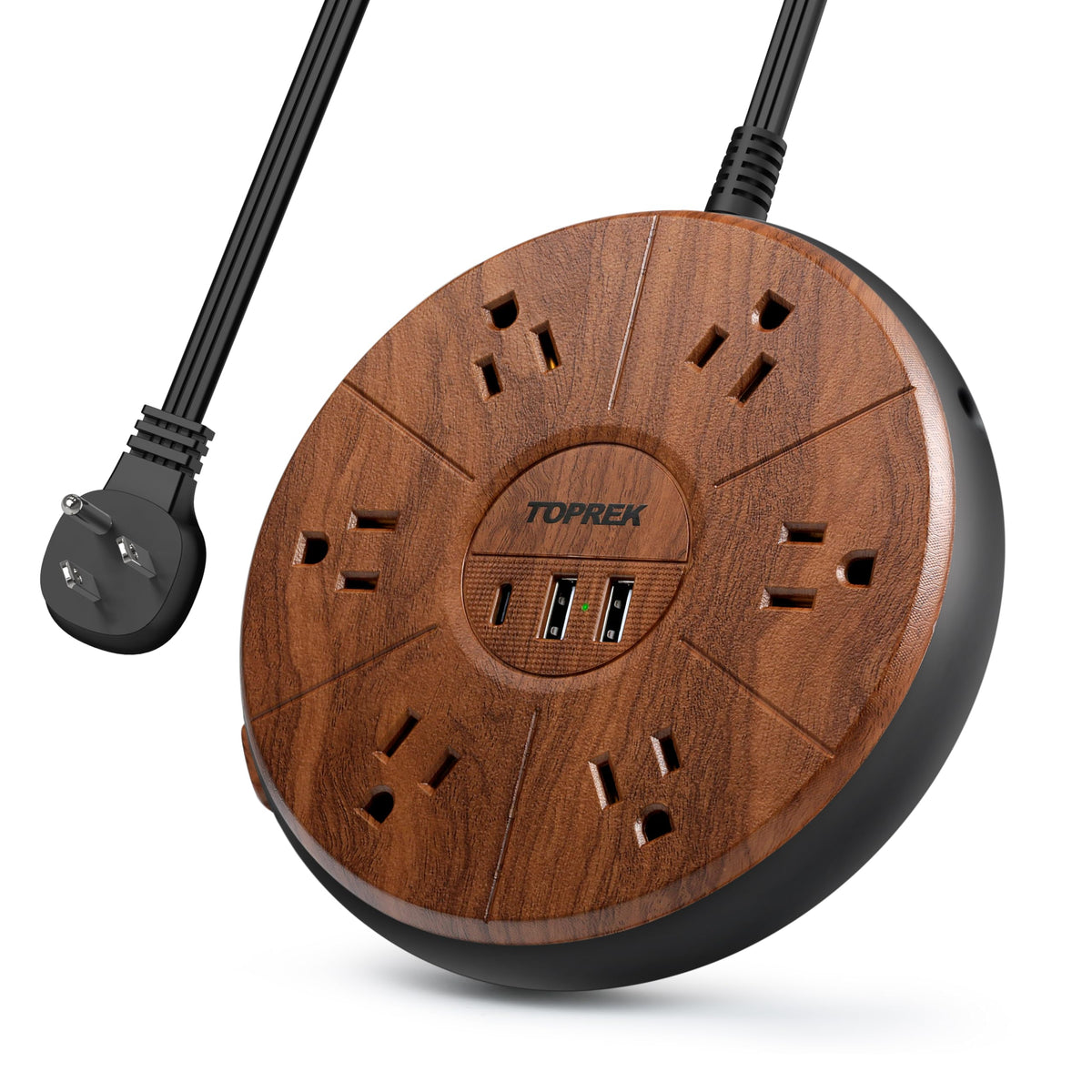 TOPREK wood-finish power strip front view showing outlets and USB ports for tidy charging