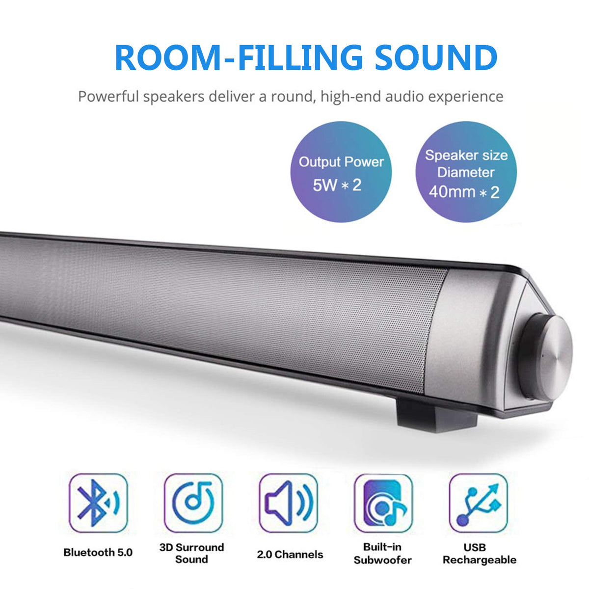 TOPROAD sound bar back ports with 3.5mm, RCA, and USB for versatile connectivity