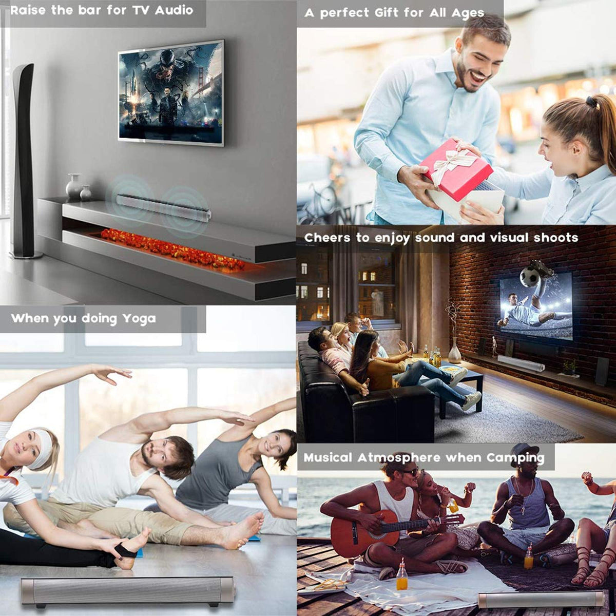 TOPROAD sound bar dorm room setup demonstrating compact size