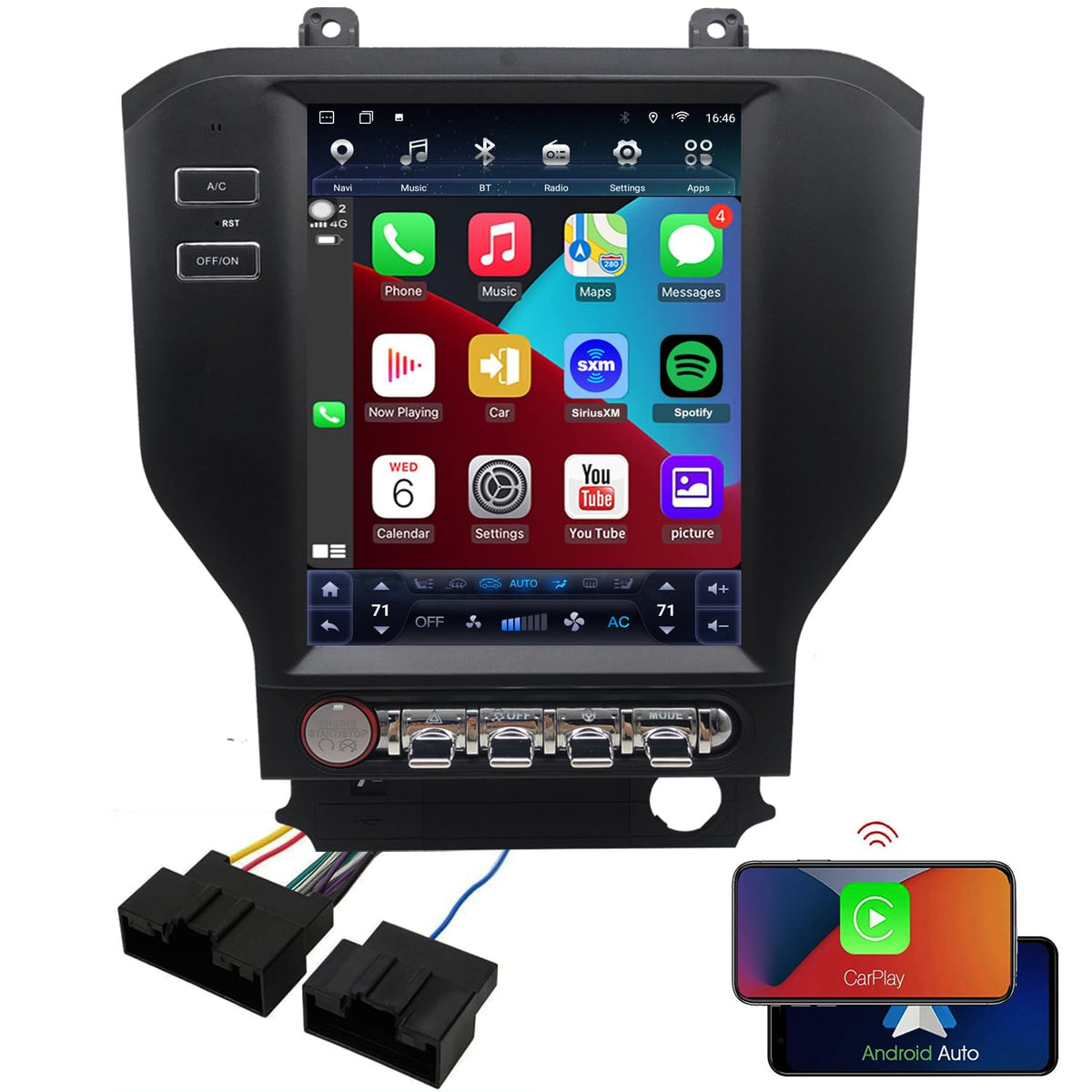 TopDisplay Ford Mustang radio upgrade overview with plug-and-play harness.