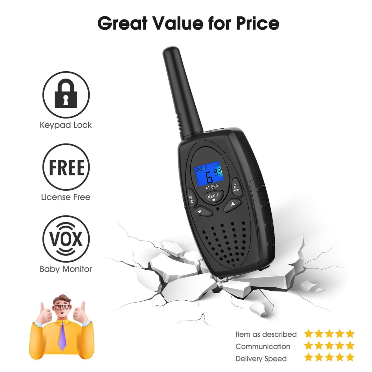 Topsung walkie talkies compact antenna and keypad for quick channel changes.