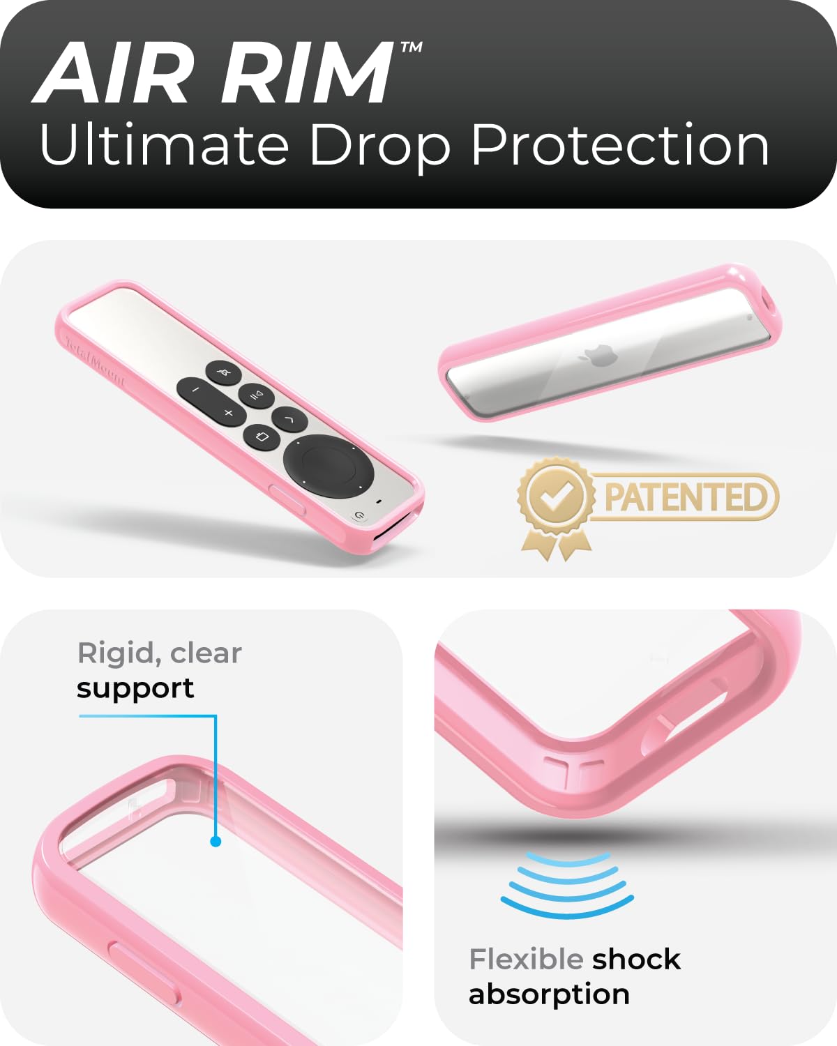 TotalMount Air Rim Case with clear back preserves Apple TV Remote aesthetics.