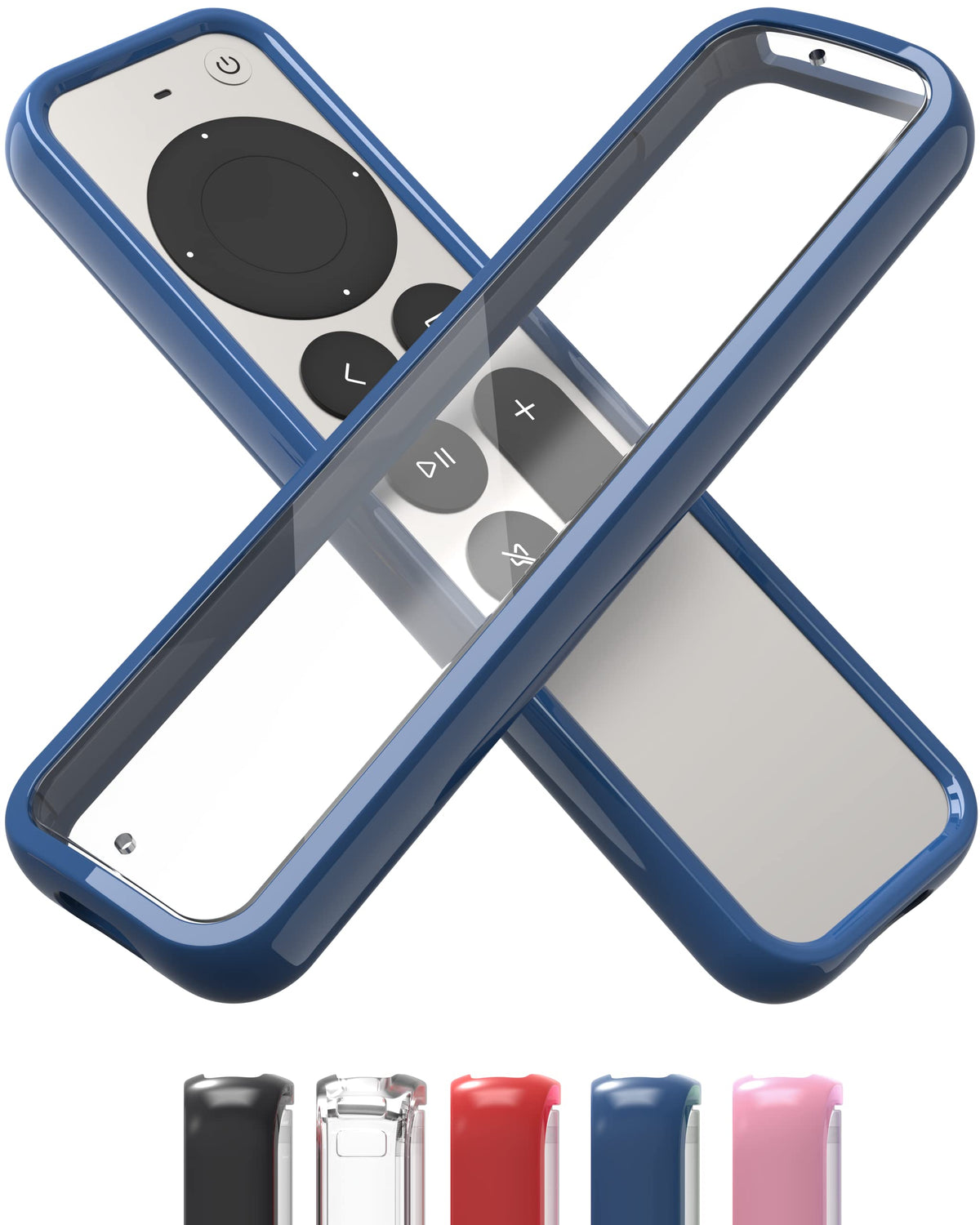 TotalMount Air Rim Case with blue perimeter protects Apple TV Remote from drops.