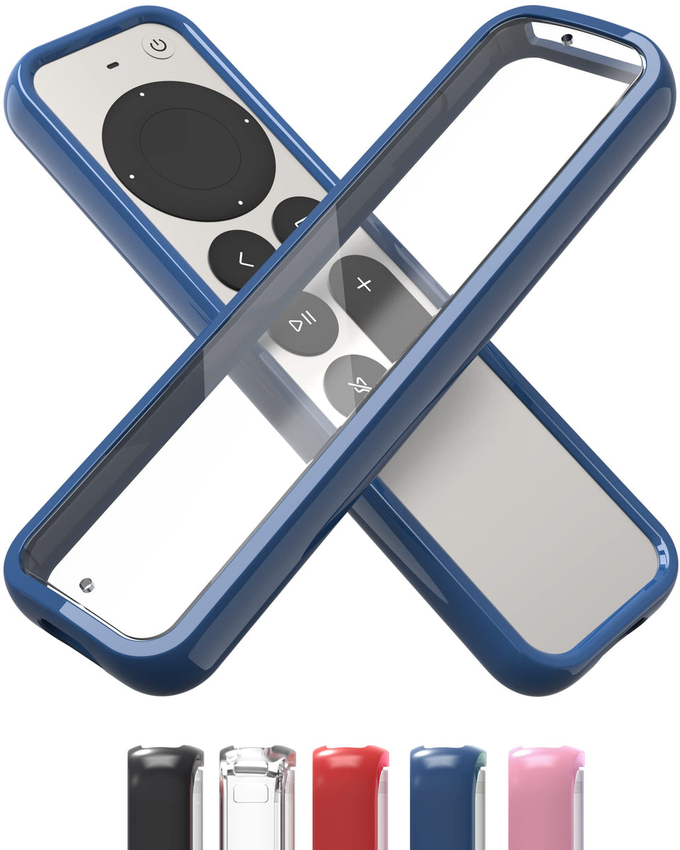 TotalMount Air Rim Case with blue perimeter protects Apple TV Remote from drops.