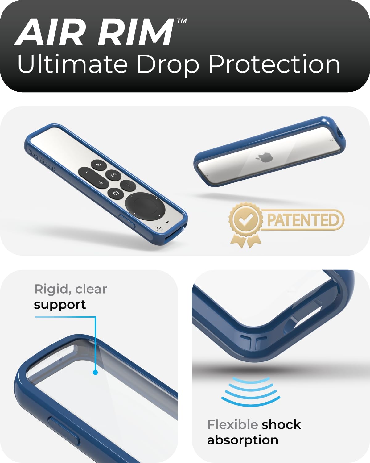 TotalMount Air Rim Case on remote shows slim hybrid design and clear back.