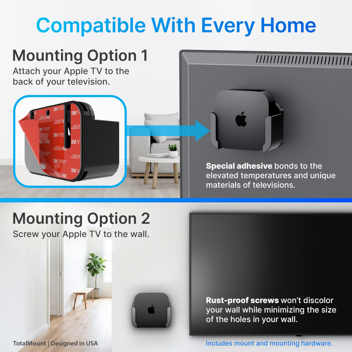 TotalMount Apple TV mount includes adhesive strip for TV-back mounting