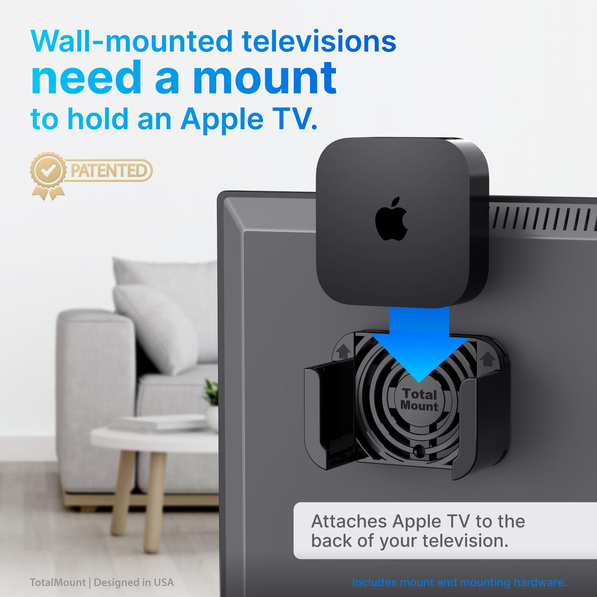 TotalMount Apple TV mount installed on wall near TV reduces clutter