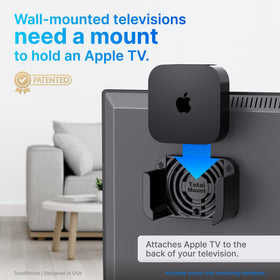 TotalMount Apple TV mount installed on wall near TV reduces clutter