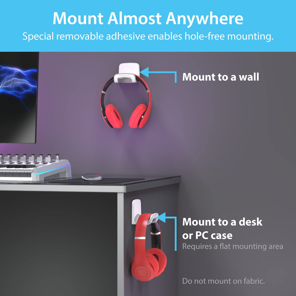 TotalMount supporting a large gaming headset showing extra-large cradle for secure hold benefit