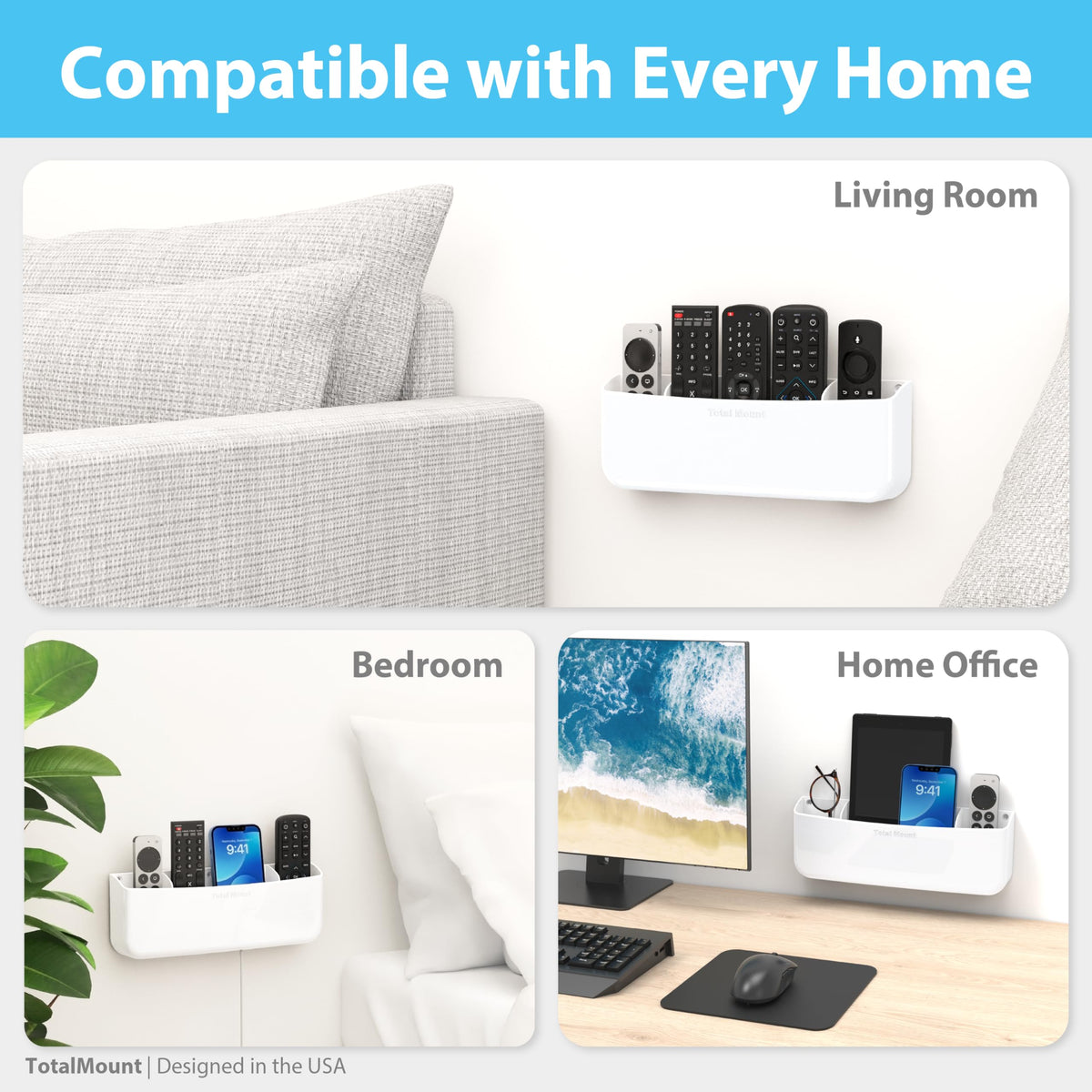 TotalMount works with TV remotes including TV, cable, DVR, Blu-ray, and Roku