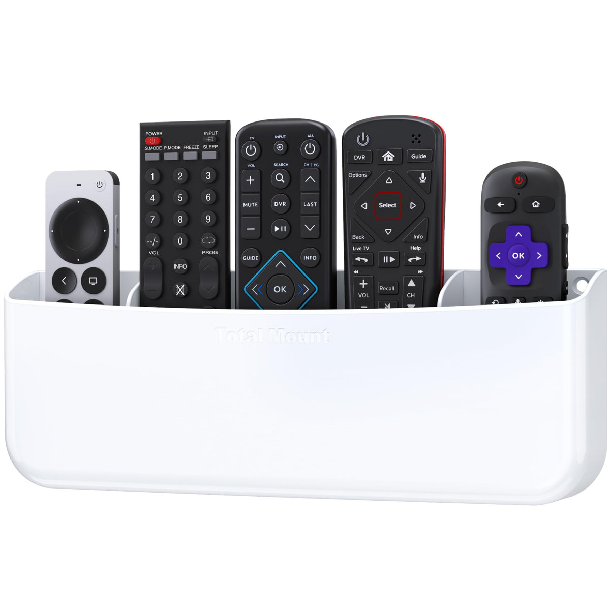 TotalMount Hole Free Remote Holder front view in a sleek white finish