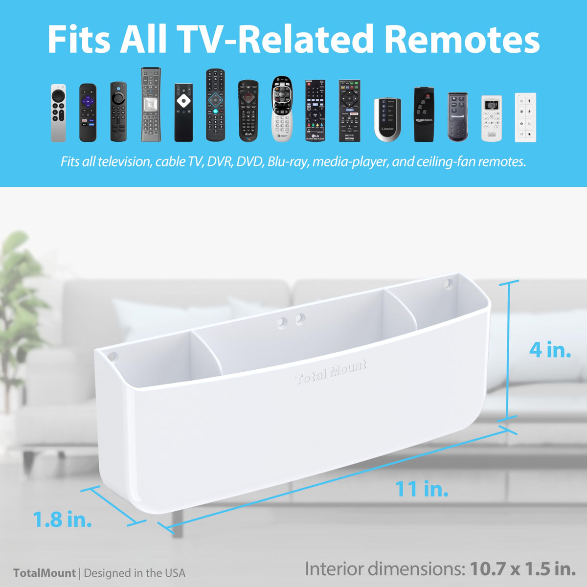 TotalMount remote holder in package includes adhesive and screws
