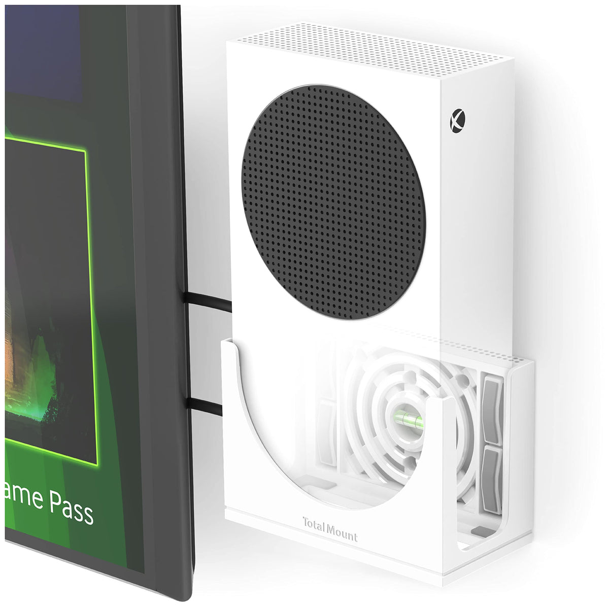TotalMount Xbox Series S wall mount left view shows space-saving placement beside TV.