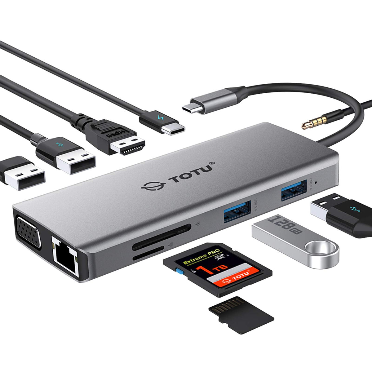 TOTU hub front view showing all port layout and compact design for flexible connectivity
