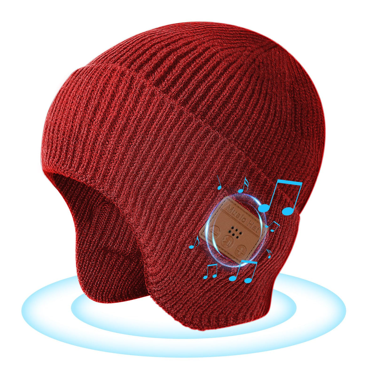 TOUCH TWO Bluetooth beanie in red on model showing warm, comfortable fit with built-in speakers.