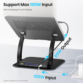 tounee laptop mounted showing cable routing and stable dock benefit