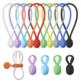 Tounee short silicone magnetic cable ties securing a tidy desk setup.