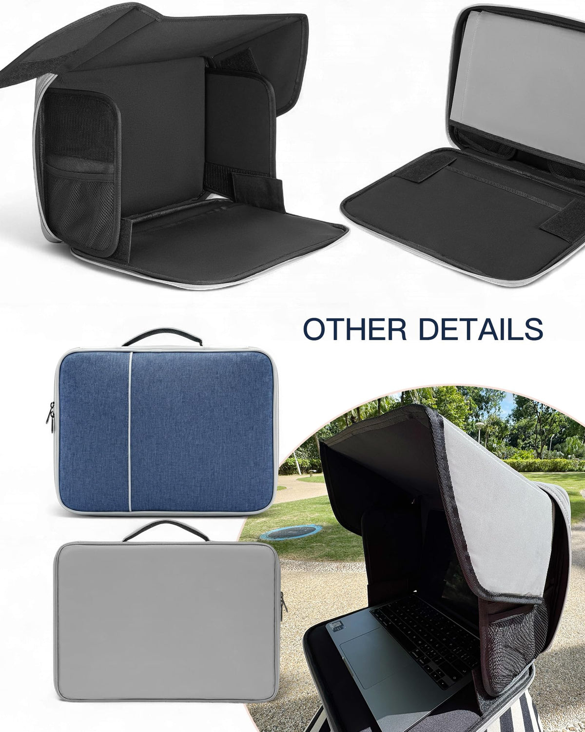 TOVICE beside a 13-inch laptop showing fit and compact folded size for travel