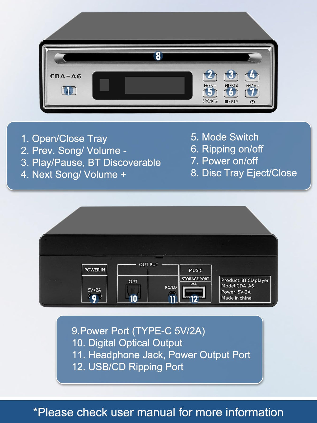 Tovlroy hi-fi CD player outputs include optical and AUX for versatile connections
