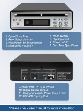 Tovlroy hi-fi CD player outputs include optical and AUX for versatile connections