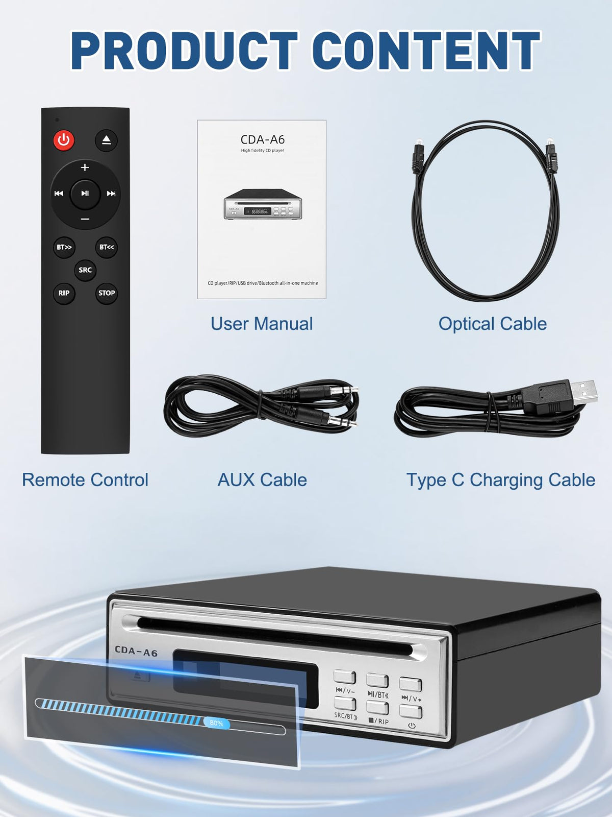 Tovlroy hi-fi CD player in the box shows included cables and remote control