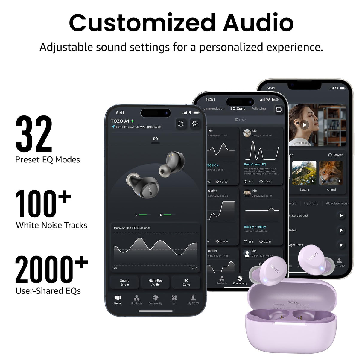 TOZO A1 app shows 32 EQ presets for personalized sound.